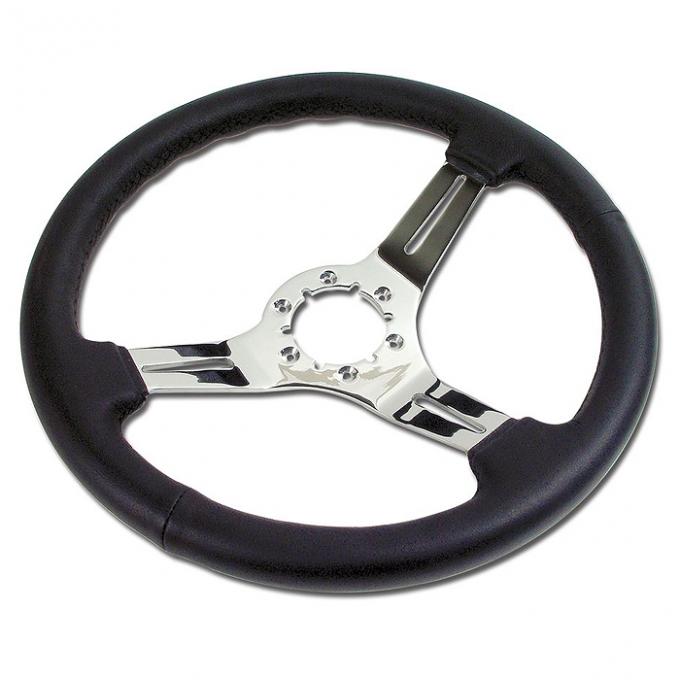 Corvette Steering Wheel, Black Leather, With Chrome Aluminum 3-Spokes, 1963-1975 & 1977-1982