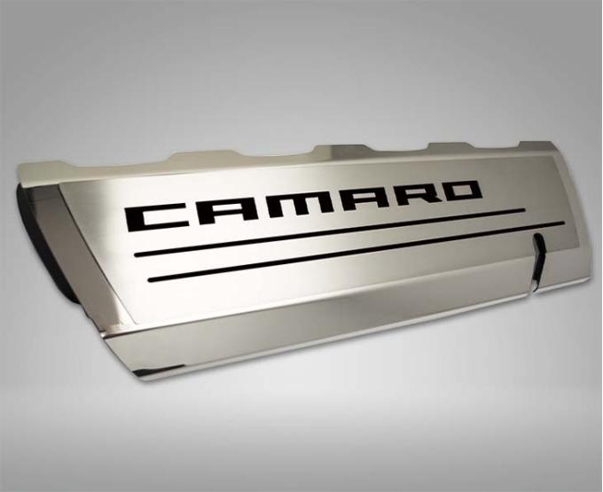 American Car Craft 2016-2021 Camaro SS - Fuel Rail Cover Overlays with CAMARO Color Font Inlay 2Pc, Polished Stainless Steel 103077/103078