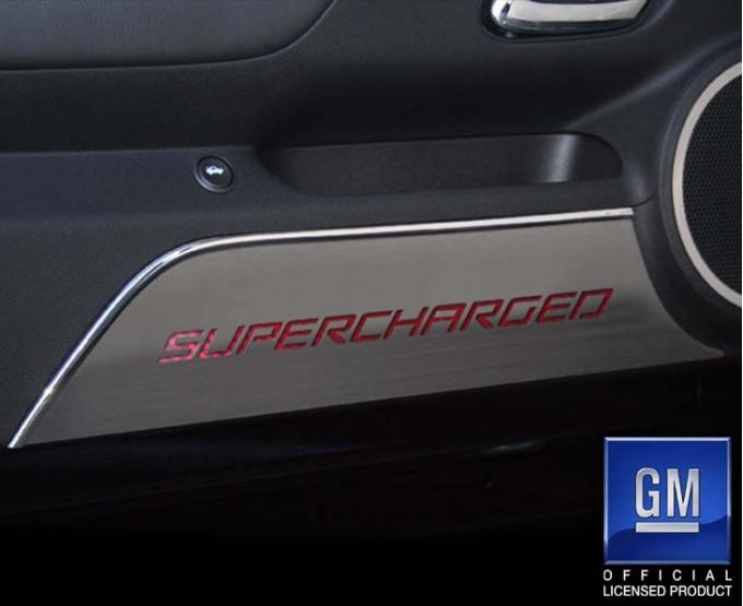 American Car Craft 2010-2015 Camaro - Door Panel Kick Plates 'SUPERCHARGED' 2Pc, Brushed Stainless, Choose Inlay Color 101028