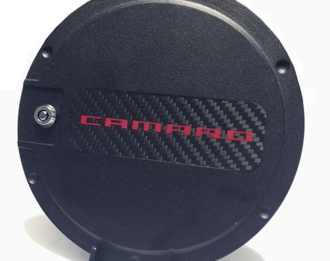 DefenderWorx Camaro Fuel Door w/Carbon Fiber Insert Red Camaro Logo For 10-15 Camaro Black Powdercoat Aluminum 901491