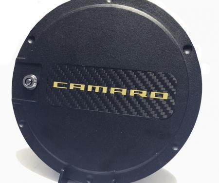 DefenderWorx Camaro Fuel Door w/Carbon Fiber Insert Yellow Camaro Logo For 10-15 Camaro Black Powdercoat Aluminum 901492