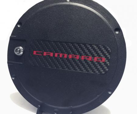 DefenderWorx Camaro Fuel Door w/Carbon Fiber Insert Red Camaro Logo For 10-15 Camaro Black Powdercoat Aluminum 901491