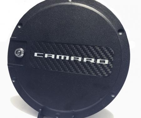 DefenderWorx Camaro Fuel Door w/Carbon Fiber Insert Silver Camaro Logo For 10-15 Camaro Black Powdercoat Aluminum 901490
