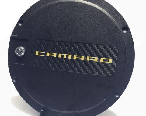 DefenderWorx Camaro Fuel Door w/Carbon Fiber Insert Yellow Camaro Logo For 10-15 Camaro Black Powdercoat Aluminum 901492