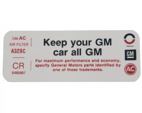Camaro Air Cleaner Decal, Keep Your GM Car All GM, 350 Hi-Performance, Z28, 1972