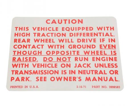 Camaro Caution Posi-Traction Decal, 1971-1978