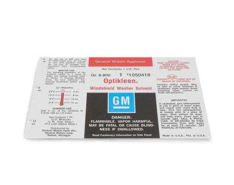 KNS Accessories 1959-1968 Chevrolet / Cadillac / Buick / Pontiac / Oldsmobile Windshield Washer Optikleen Glass Bottle Label KC9962