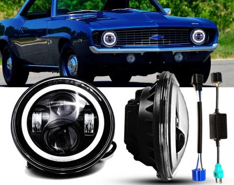 Camaro Headlight, 7 Inch Round LED with Halo DRL and Turn Signals, 1967-1981