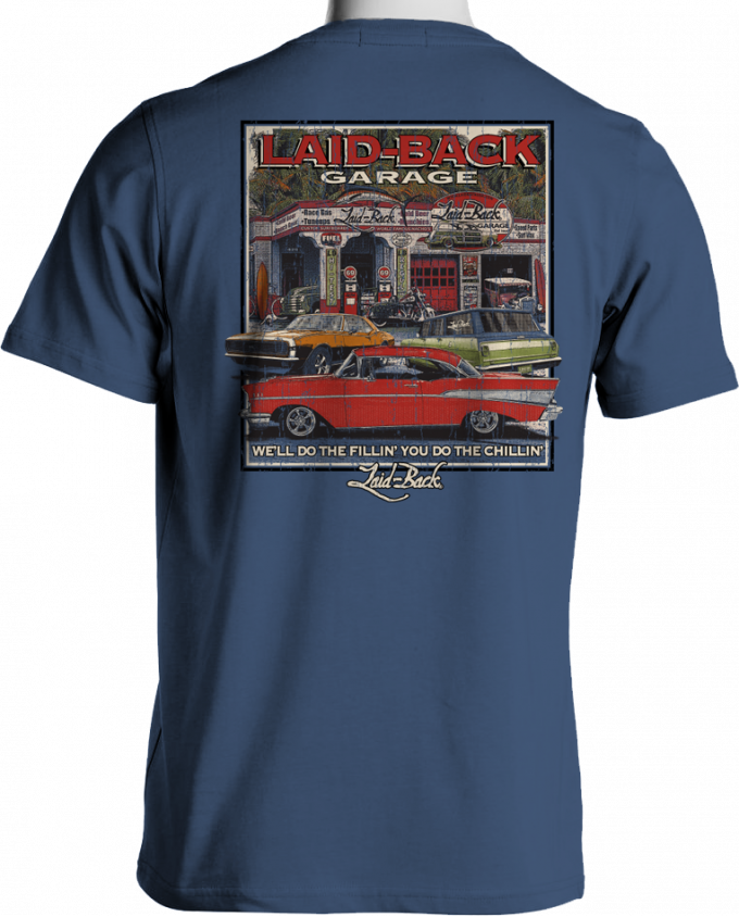 Laid Back Epic Chevy Garage T-Shirt, Blue