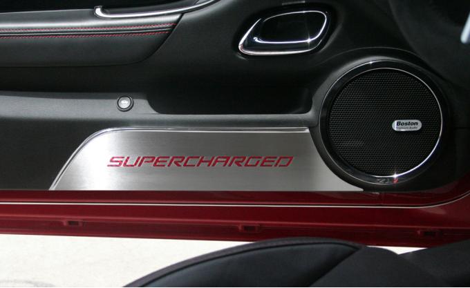 2010-2015 Camaro - Door Panel Kick Plates 'SUPERCHARGED' 2Pc - Brushed Stainless, Choose Inlay Color 101028