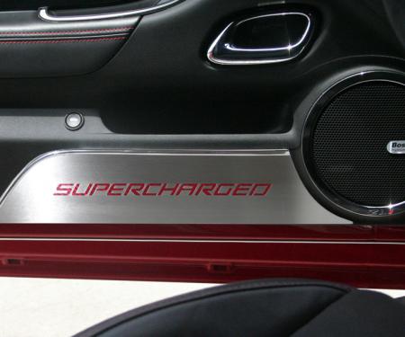 2010-2015 Camaro - Door Panel Kick Plates 'SUPERCHARGED' 2Pc - Brushed Stainless, Choose Inlay Color 101028