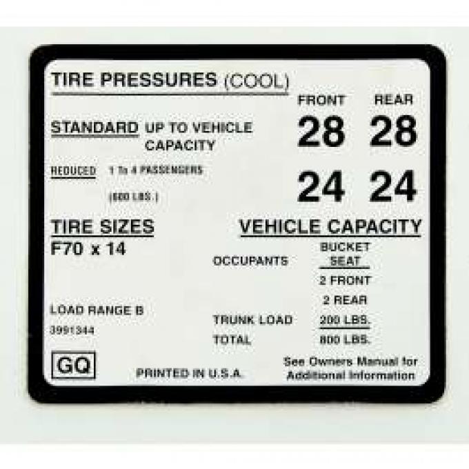 Camaro Tire Pressure Decal, 1970