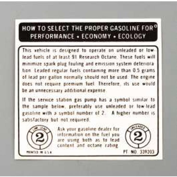 Camaro Decal, Fuel Recommendation, 1973-1974