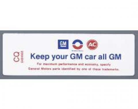 Camaro Air Cleaner Decal, Keep Your GM Car All GM, 350/250, 1970