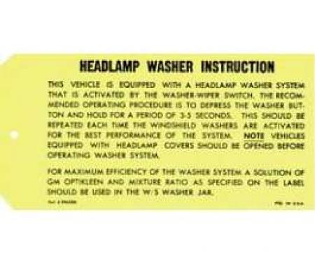 Camaro Headlight Washer Instruction Tag, 1969