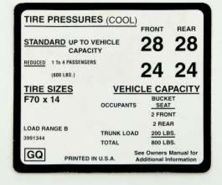 Camaro Tire Pressure Decal, 1970