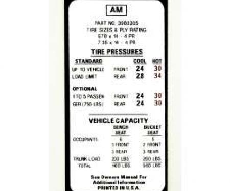 Camaro Tire Pressure Decal, 1970