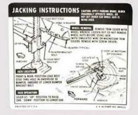 Camaro Jacking Instructions Decal, Trunk, Coupe, 1967 & Z28, 1968