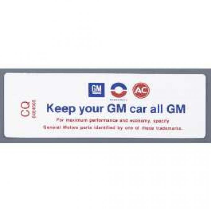 Camaro Air Cleaner Decal, Keep Your GM Car All GM, 350/250, 1970