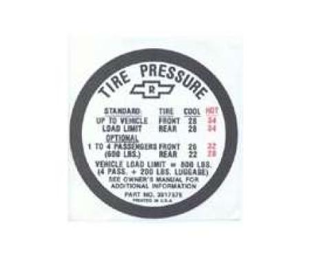 Camaro Tire Pressure Decal, SS396, Glove Box Door, 1967