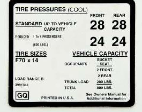 Camaro Tire Pressure Decal, 1970