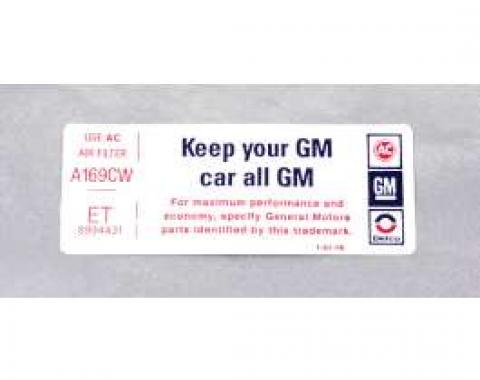 Camaro Air Cleaner Decal, Keep Your GM Car All GM, 1976