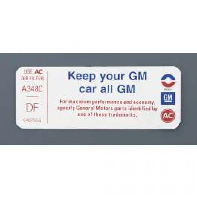 Camaro Air Cleaner Decal, Keep Your GM Car All GM, 1973
