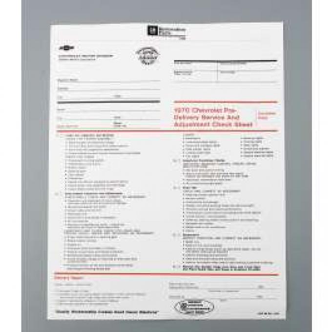 Camaro Pre-Delivery Inspection Sheet, 1970