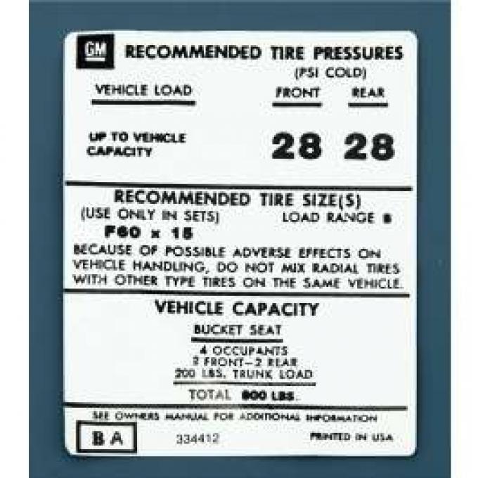 Camaro Tire Pressure Decal, 1973-1974