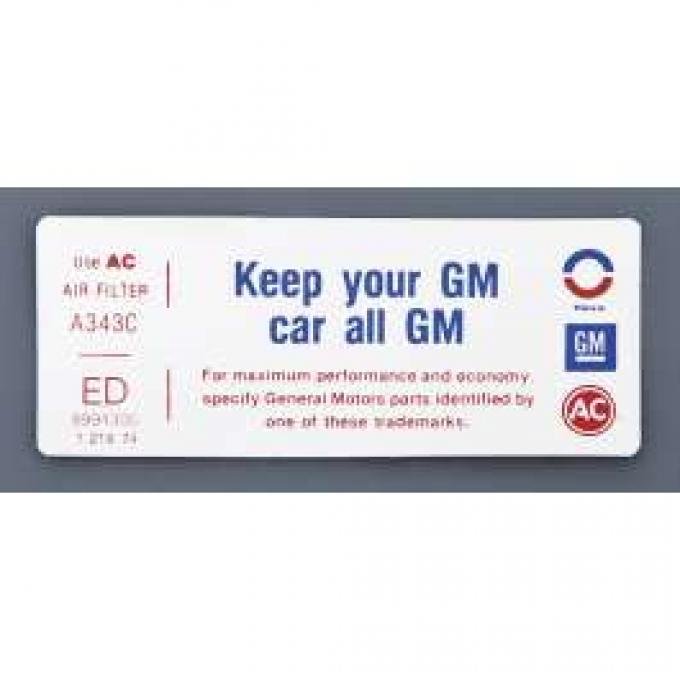 Camaro Air Cleaner Decal, Keep Your GM Car All GM, 1975