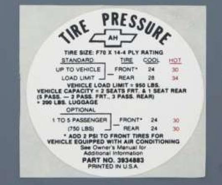 Camaro Tire Pressure Decal, SS, Glove Box Door, 1968