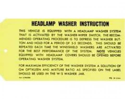Camaro Headlight Washer Instruction Tag, 1969