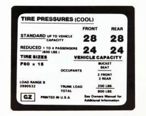 Camaro Tire Pressure Decal, 1971-1972