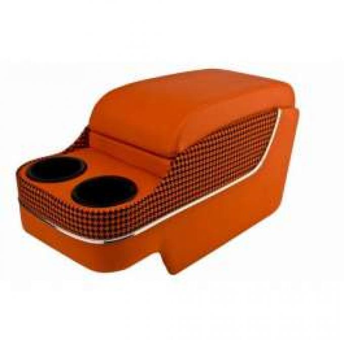 Camaro Custom Deluxe SS Floor Console, With Drink Holders, Houndstooth, With Chrome Trim, Orange & Black, 1967-1969