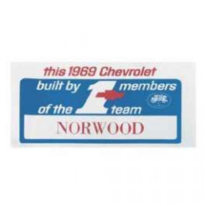 Camaro #1 Team Norwood Dash Card, 1969