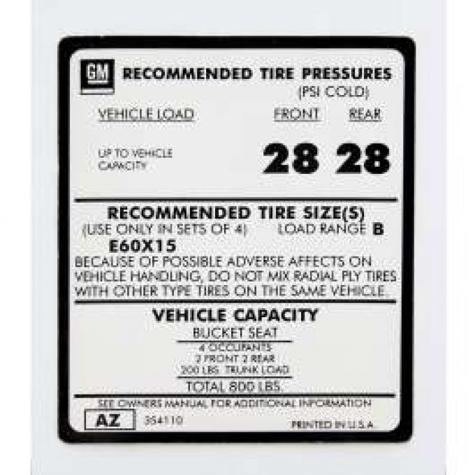 Camaro Tire Pressure Decal, Z28, 1975