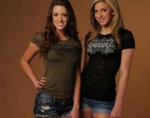 Camaro T-Shirt, Ladies, Burn Out Tee With Floral Design, Army Green, Small