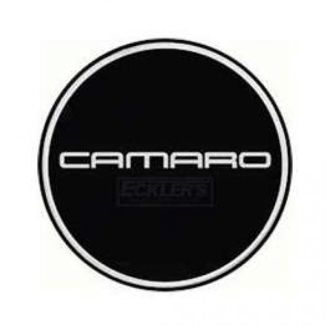 Camaro Wheel Center Cap Emblem, Chrome Logo, Black Background, GM, 1982-1992