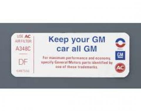 Camaro Air Cleaner Decal, Keep Your GM Car All GM, 1973