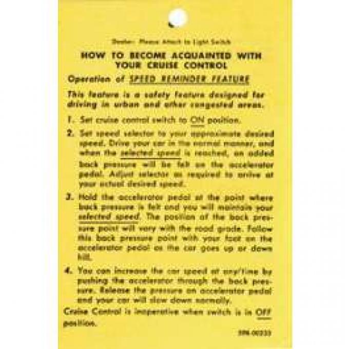 Camaro Cruise Control Operation Tag, 1967-1969