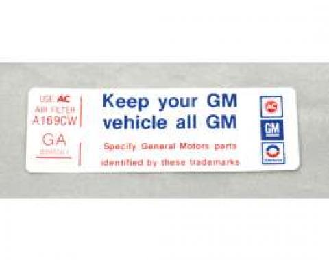 Camaro Air Cleaner Decal, Keep Your GM Car All GM, 250, 1977-1979