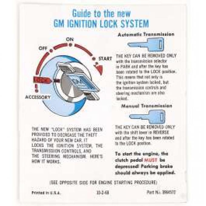 Camaro Ignition Lock/Start Instructions Sleeve Decal, 1970-1972