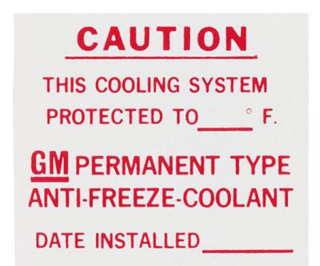 Camaro Fan Shroud Decal, Dealer Installed Anti-Freeze Coolant, 1967-1972