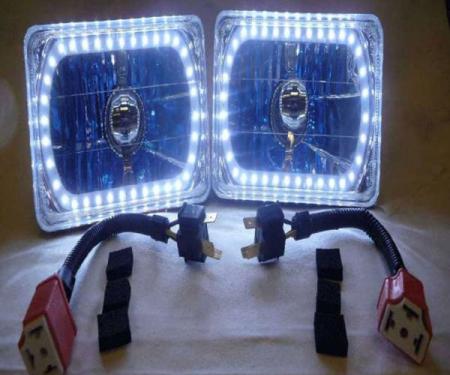 Firebird Headlight 6" Rectangle White Diamond With Single-Color LED Halo, 1977-1981