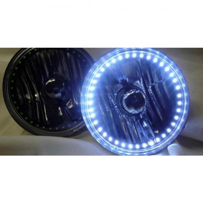 Firebird Headlight, 7 Inch Round Blackout With Single Color White LED Halo, 1970-1976