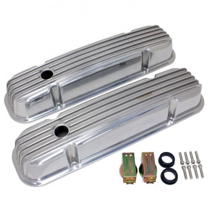 Firebird Valve Covers, Polished Aluminum, Finned, With Holes, For 301-455 Engines, 1967-1979