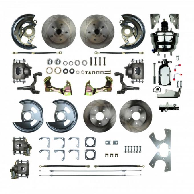 Chevy II Or Nova 4-Wheel Power Disc Brake Conversion Kit With 8" Chrome Booster, Staggered Rear Shocks, 1968-1974