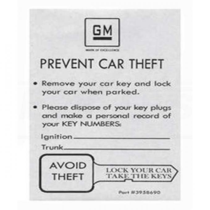Camaro Spare Key Envelope, 1967-1972
