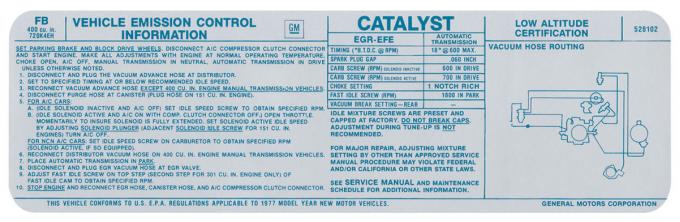 Firebird Trans Am 400 AT Hi-Performance Decal, FB, 1977