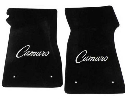 Camaro Floor Mats, 2 Piece Lloyd® Velourtex™, with Camaro Script in Silver, Black Carpet, 1967-1969